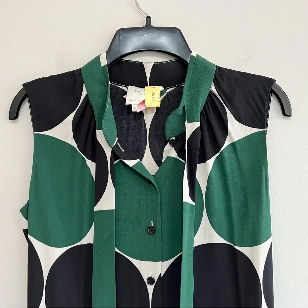 Kate Spade Willa Silk Sleeveless Tie Neck Dot A-Line Dress Green Black, size 0